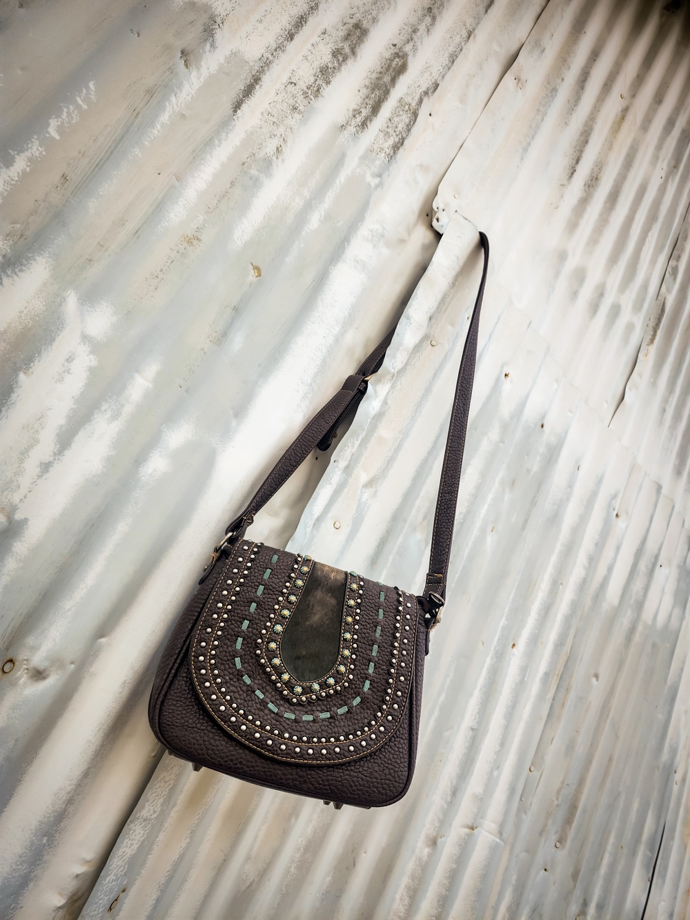 Shyanne Brown Western Crossbody Purse Turquoise Studded Hair-On-Hide Boho
